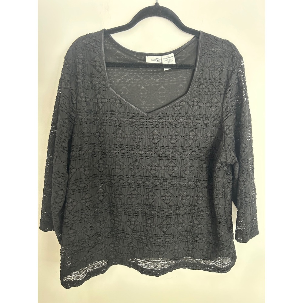 East 5th Woman Black Lace V-Neck Blouse 2X Geometric Pattern 3/4 Sleeve Top